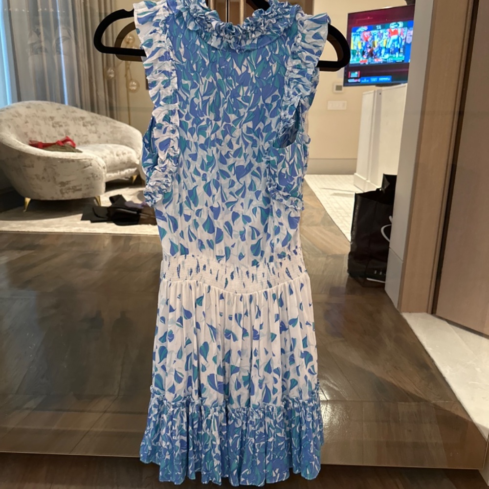 Poupette St. Barth Blue and White Leaf-Print Mini Dress - Picture 2 of 2